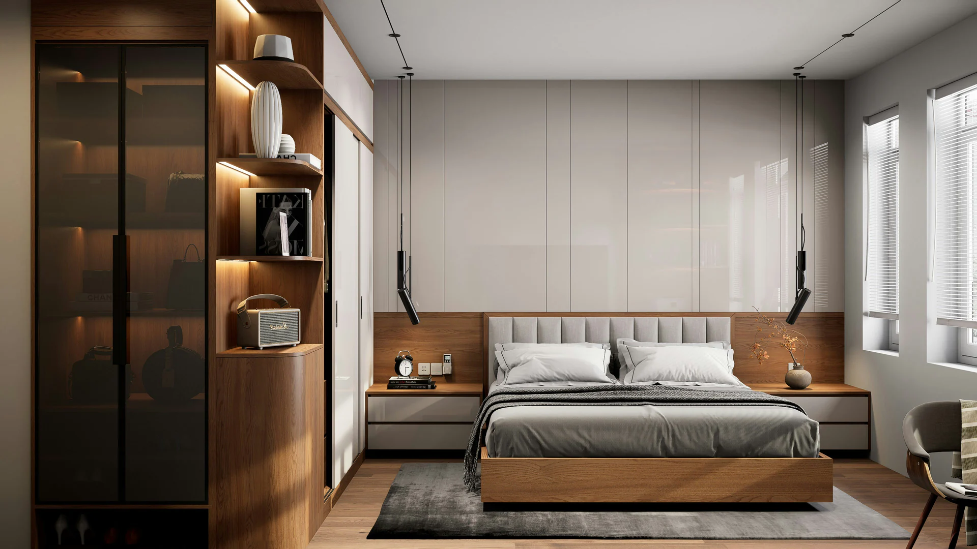 Timber bed frame and fitted bedside furniture — illustrative interior