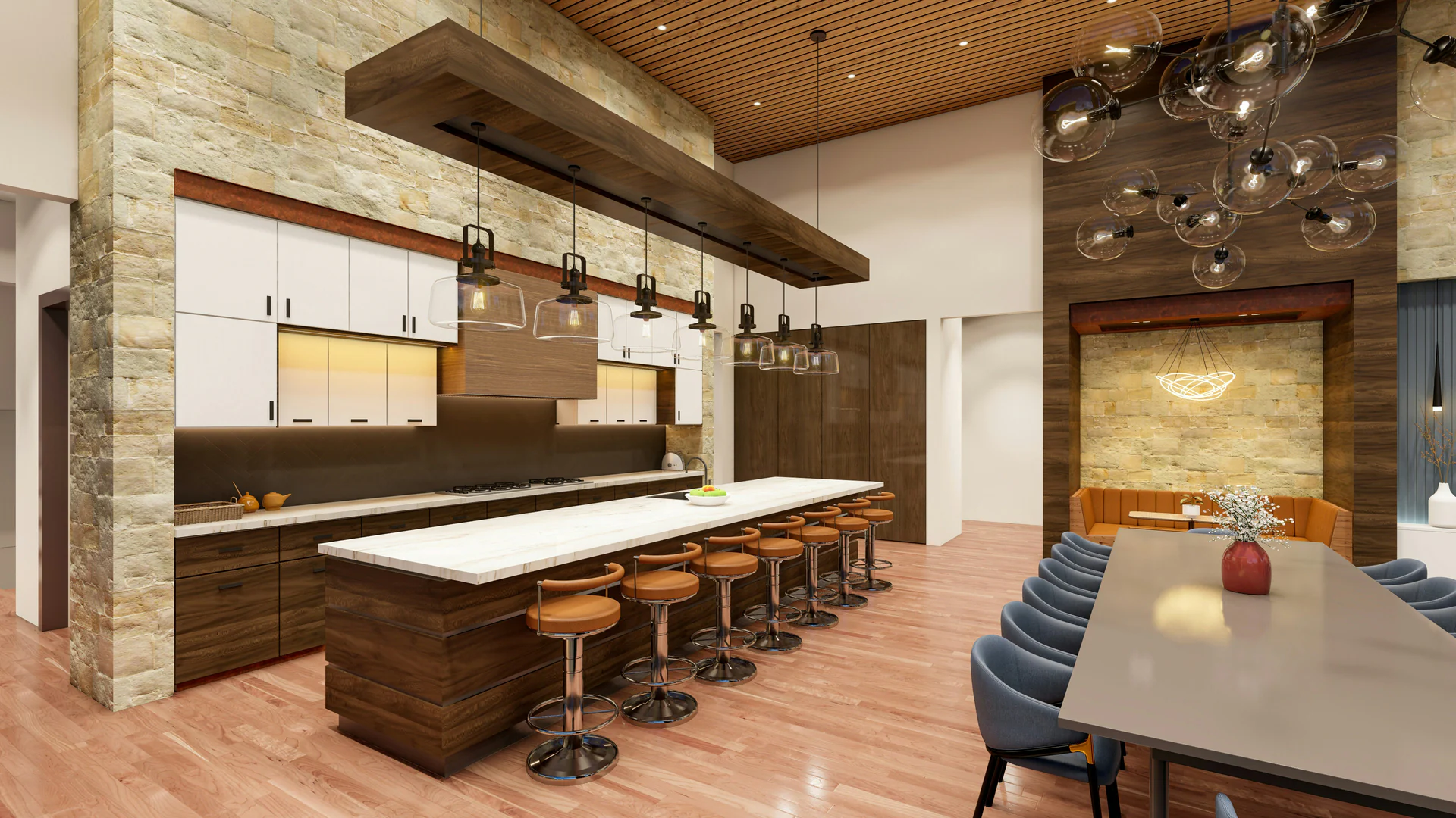 Timber kitchen island and fitted cabinetry — illustrative interior