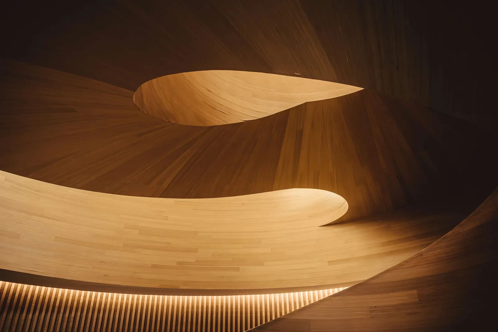 Sculptural timber interior with flowing curved joinery and warm illuminated wood grain